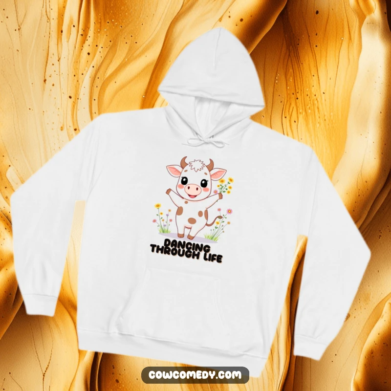 Funny hoodie showcasing a smiling cow in mid-dance, adorned with a lovely bouquet of fresh wildflowers.