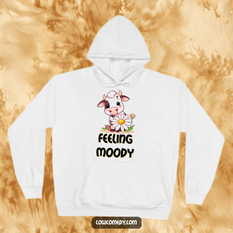Funny hoodie illustration of a contented cow serenely munching a giant, stylized daisy. Cozy and humorous outerwear for animal lovers.