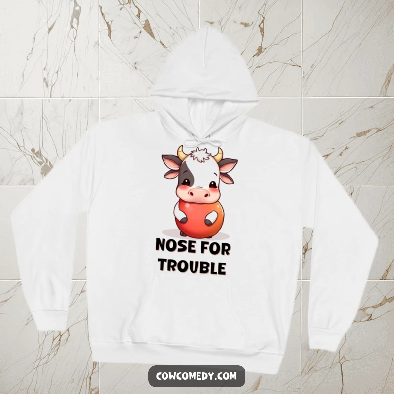 Funny hoodie illustration of a curious cow nudging a large, rolling apple with its nose. Comfortable and humorous outerwear.