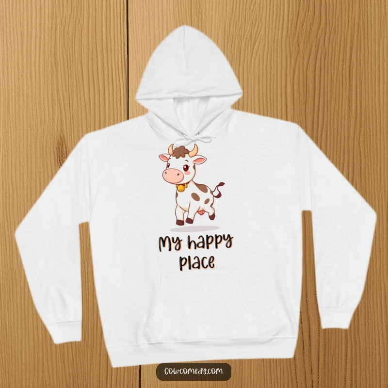 Funny hoodie design of a happy cow with a neck bell, skipping merrily, capturing a moment of pure, unadulterated bliss and cheerfulness.