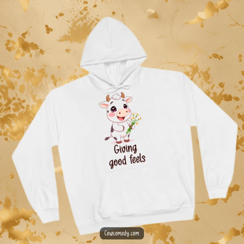 Funny Happy Cow Hoodie: a cheerful cow character offering a bouquet of daisies, providing cozy comfort and a heartwarming, humorous message.