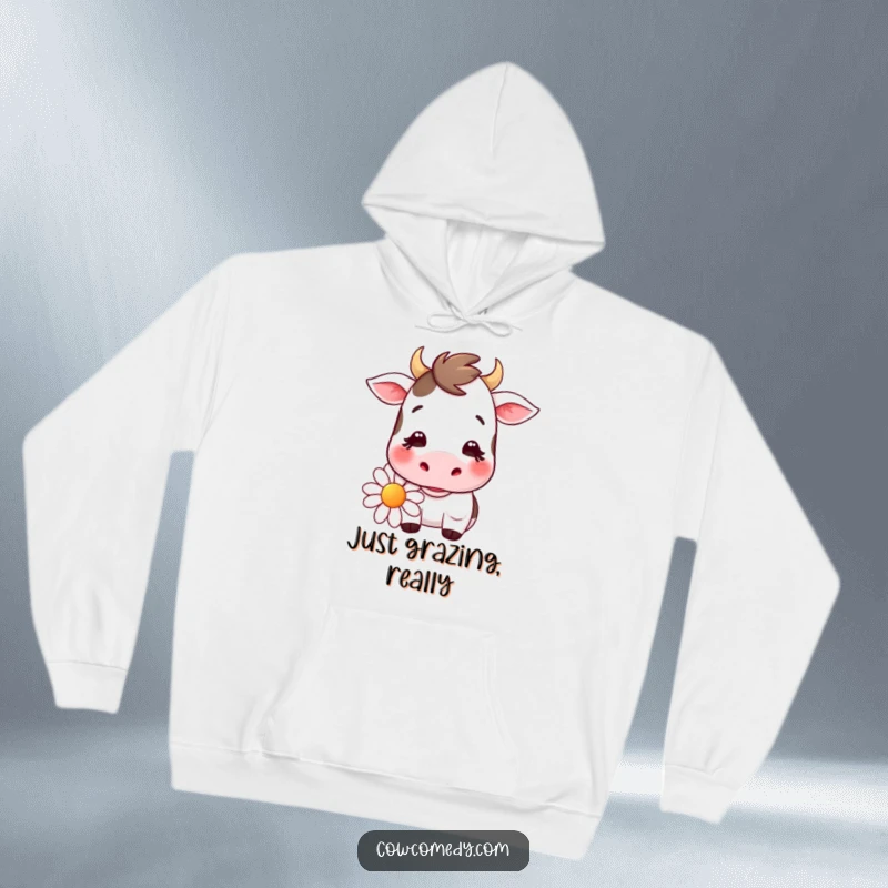 Funny kawaii cow hoodie showing a serene cow with a gentle smile, chewing on a big daisy, ideal for cozying up with.