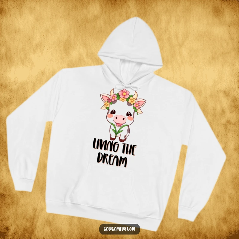 Funny Kawaii Cow Hoodie: A happy cow in a flower garland blissfully chews grass, a cozy and funny gift idea.