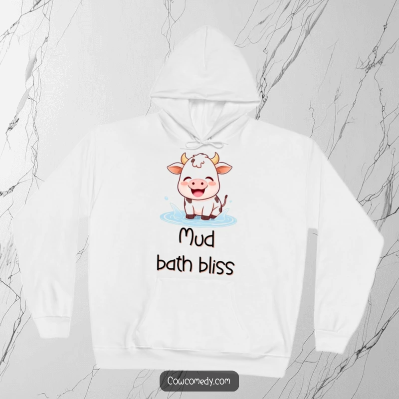 Funny kawaii cow hoodie depicting a joyful cow splashing happily in a puddle, offering warmth and a sense of playful delight.