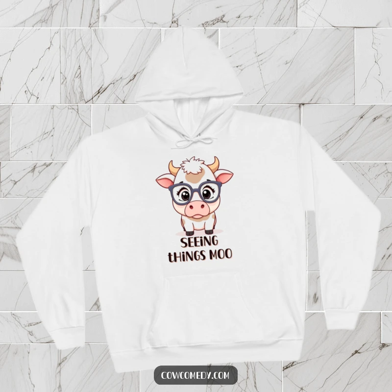 Funny kawaii cow hoodie depicting a cute cow in oversized glasses with a look of pure surprise, offering warmth and humor.