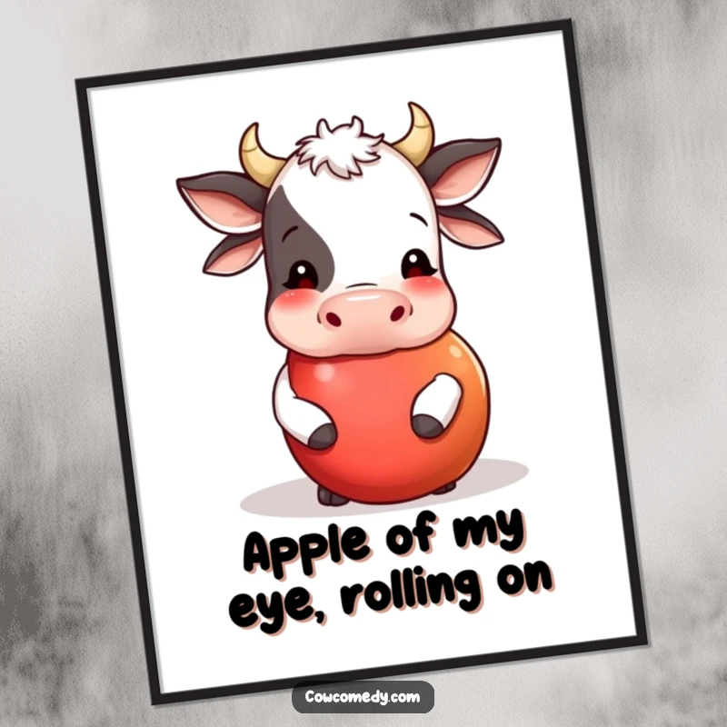 Funny Free Printable Wall Art: A happy cow is caught in the act of nudging a large, round apple as it rolls.