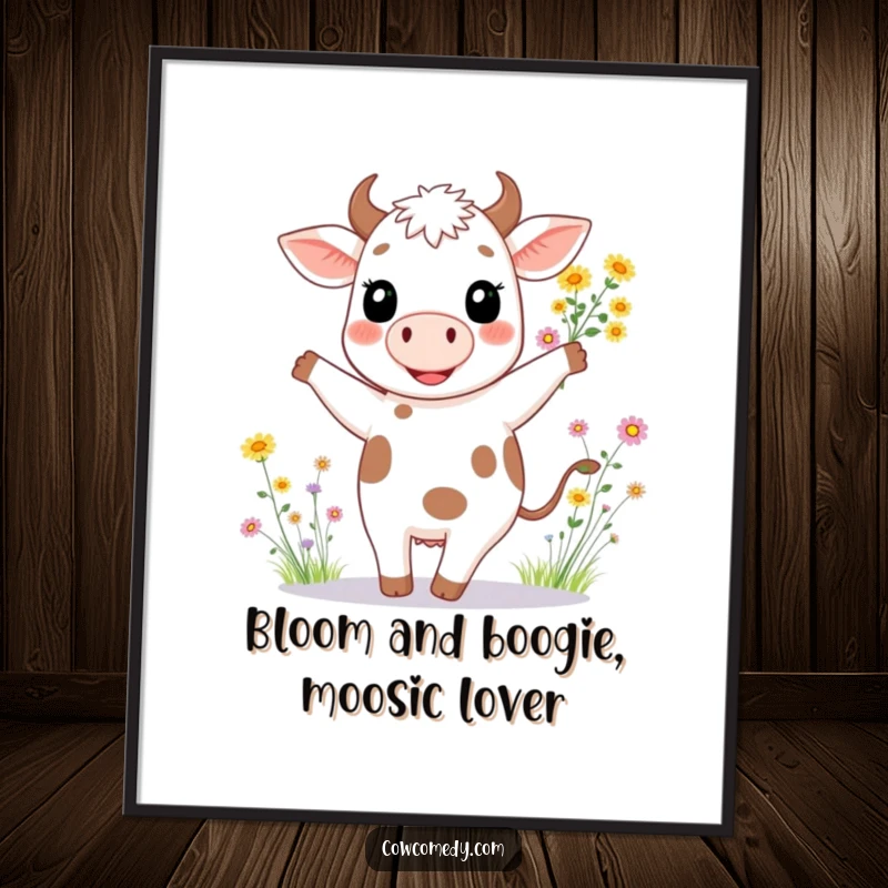 Funny free printable wall art showing a happy cow with a wide smile, dancing with a bouquet of wildflowers.