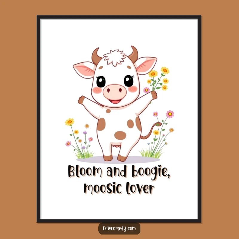 Free Printable Wall Art: Happy Dancing Cow Floral Funny Downloadable