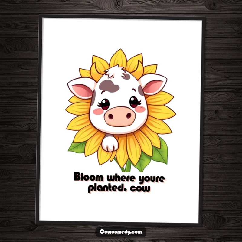 Funny Free Printable Wall Art: A kawaii cow with a shy smile peeking out from behind a giant sunflower.