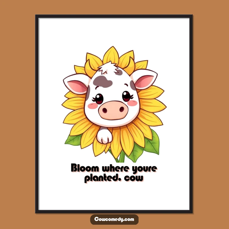 Funny Free Printable Wall Art: Shy Kawaii Cow Sunflower Peek