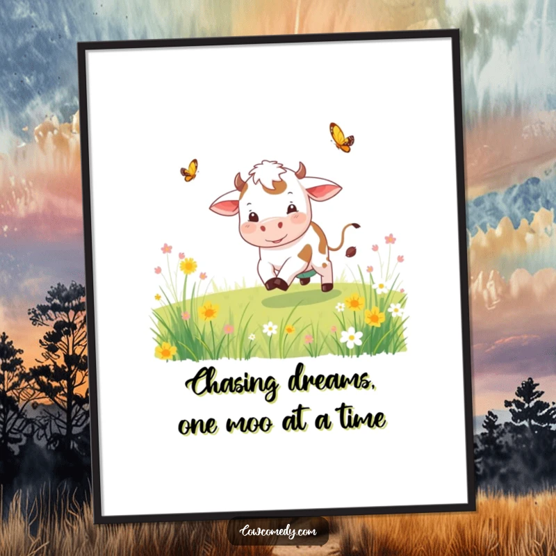 Funny Free Printable Wall Art: A playful cow joyfully chasing a butterfly through a sunlit meadow.