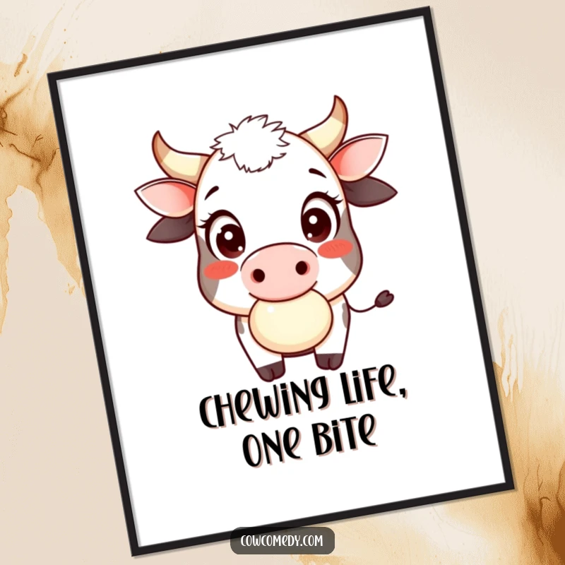 Funny Free Printable Wall Art: A smiling cow with large, innocent eyes playfully chews cud, exuding gentle farm charm.