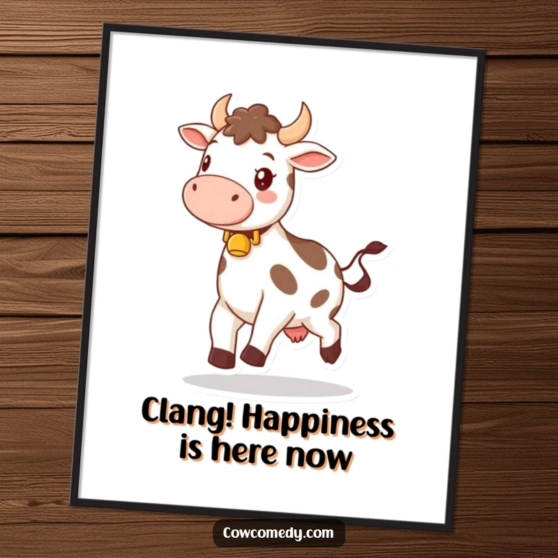 Funny Free Printable Wall Art: A cheerful cow with a bell around its neck skipping happily, creating a joyful and whimsical decor piece.