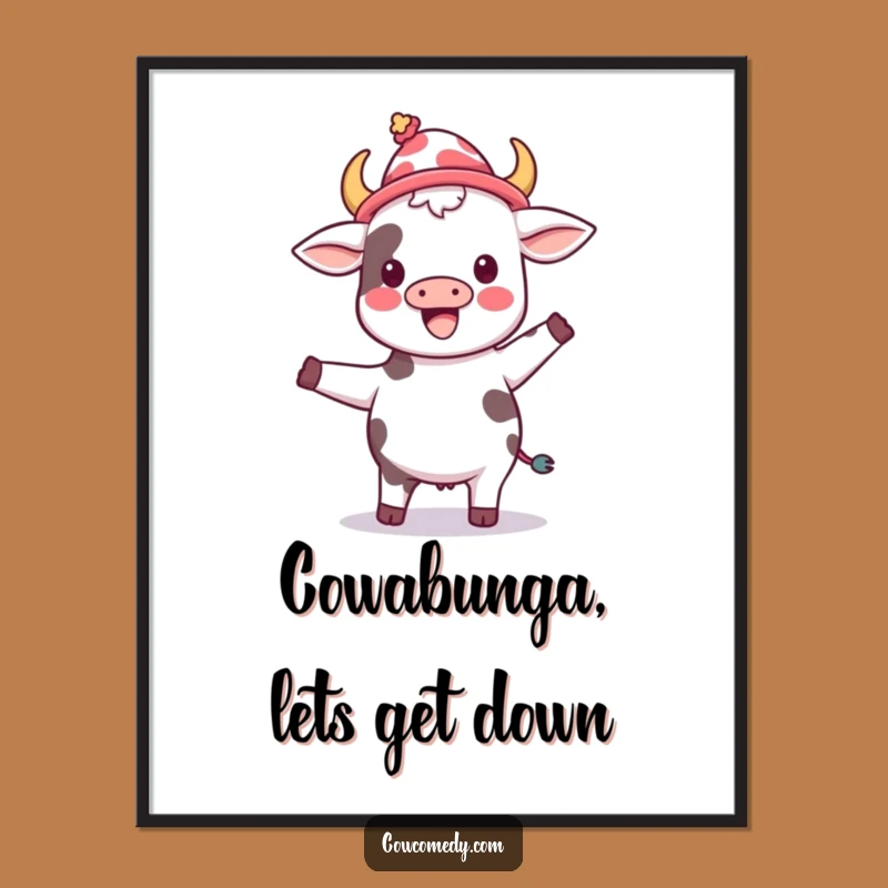 Free Printable Dancing Cow Wall Art: Silly Hat Dancer Funny Downloadable Decor