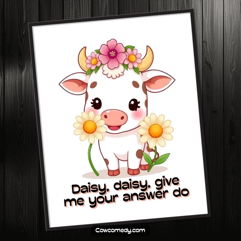 Funny Free Printable Wall Art: Cute kawaii cow with flower crown joyfully chewing a large daisy, adding cheer.
