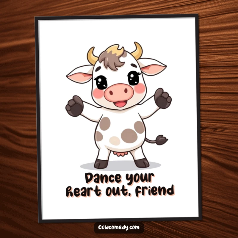 Funny Free Printable Wall Art: A kawaii cow enthusiastically doing a goofy, energetic dance move with its hooves.