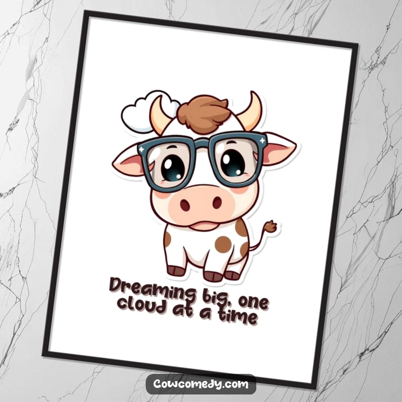 Funny Free Printable Wall Art: Kawaii cow wearing oversized glasses, thoughtfully observing a cloud, adds whimsy.