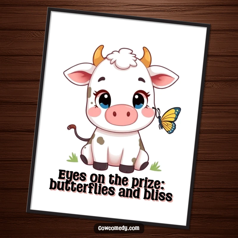 Funny Free Printable Wall Art showing a cute cow with wide eyes watching a butterfly in a peaceful, natural scene.
