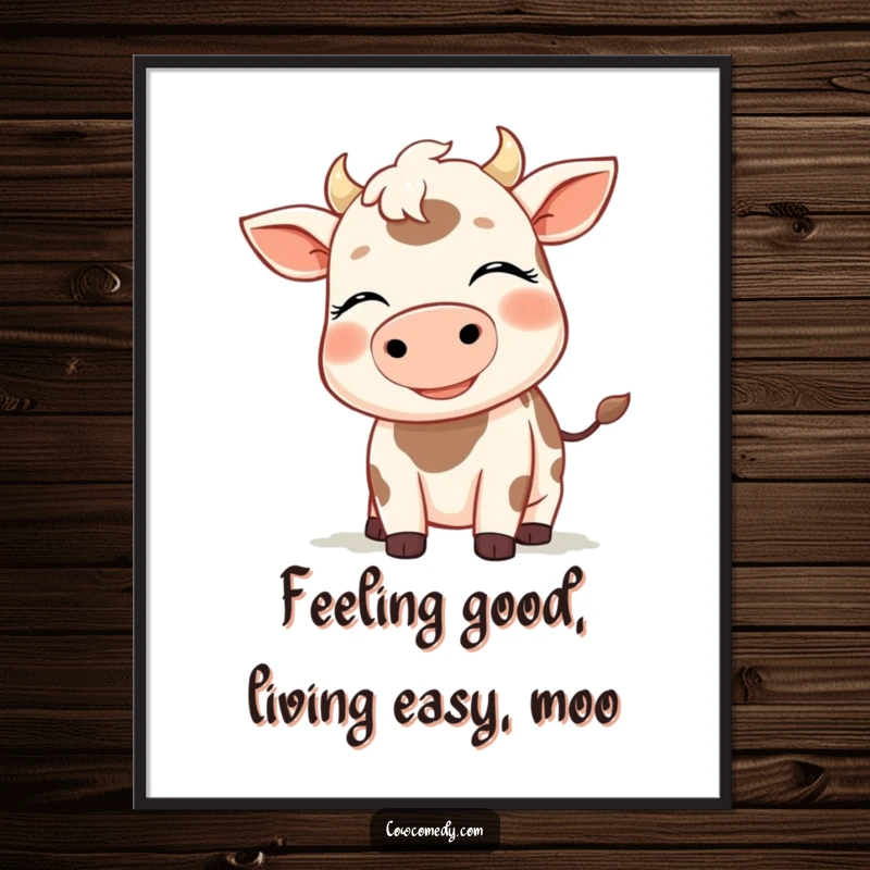 Funny Free Printable Wall Art: Smiling cow with eyes closed, serene expression, enjoying a gentle breeze, perfect for relaxing decor.