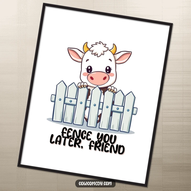 Funny Free Printable Cow Wall Art: A comical curious cow peeking over a picket fence, adding charm to any room.