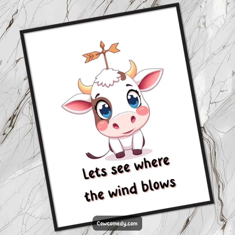 Funny Free Printable Wall Art: Kawaii cow with big, curious eyes observing a spinning weather vane, a scene of gentle humor.