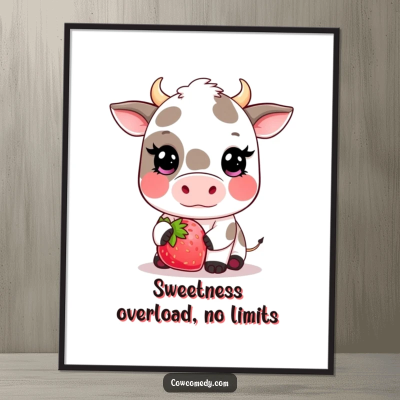 Funny Free Printable Wall Art: Kawaii cow with huge blush offers a giant, tempting strawberry.
