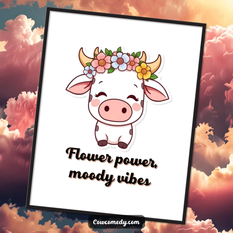 Funny Free Printable Kawaii Cow Wall Art, wearing a flower crown, looking serene and content, bringing peaceful vibes.