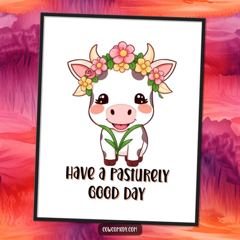 Funny Free Printable Wall Art: Kawaii cow adorned with a flower garland, happily chewing grass with a sweet smile.