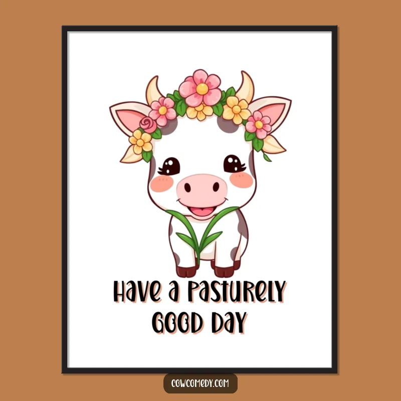 Free Printable Kawaii Cow Wall Art: Funny Floral Smiling Cow Downloadable Art