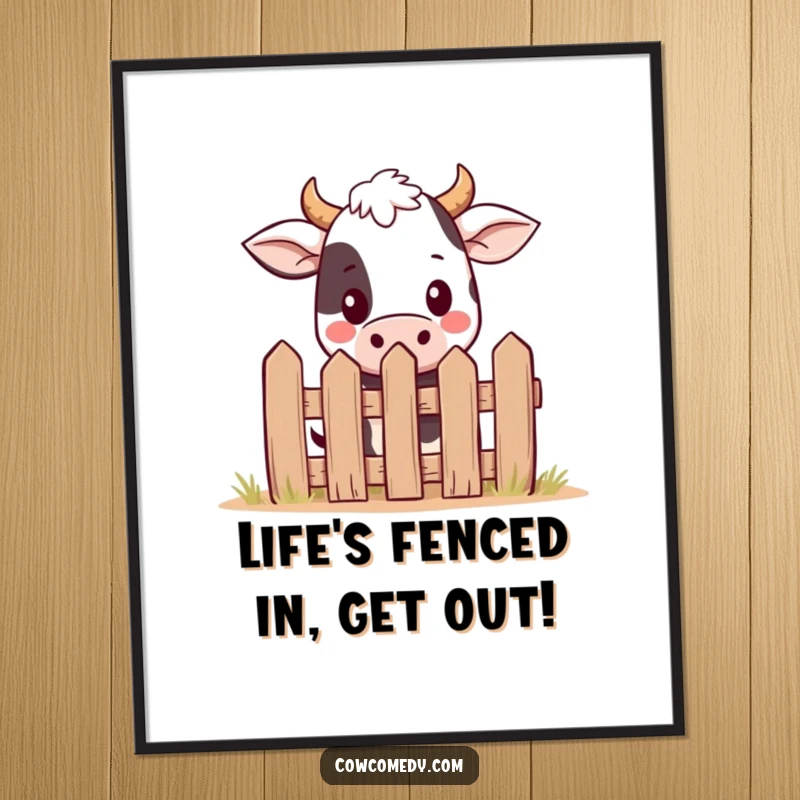 Funny Free Printable Wall Art: Kawaii cow with wide eyes peeking over a tiny, whimsical fence.