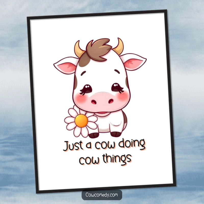 Funny Free Printable Kawaii Cow Wall Art, a gentle smile, chewing a large daisy, bringing adorable charm to any space.