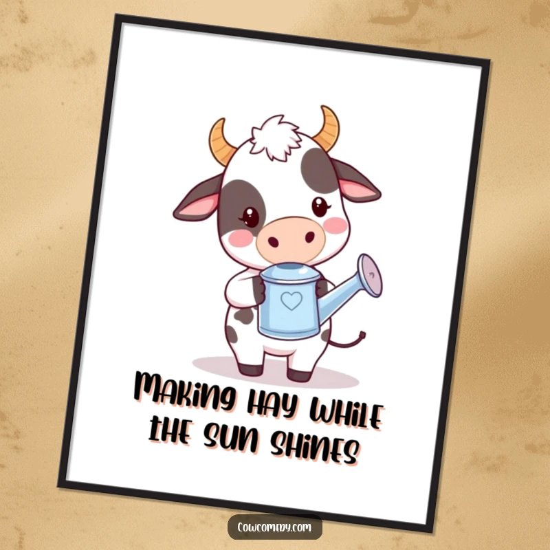 Funny Free Printable Wall Art: Kawaii cow with a playful expression holds a tiny watering can.