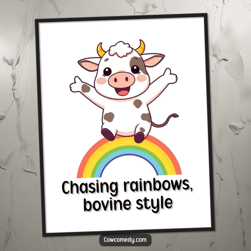 Funny Free Printable Wall Art: Cheerful cow with arms outstretched, joyfully leaping over a tiny rainbow.