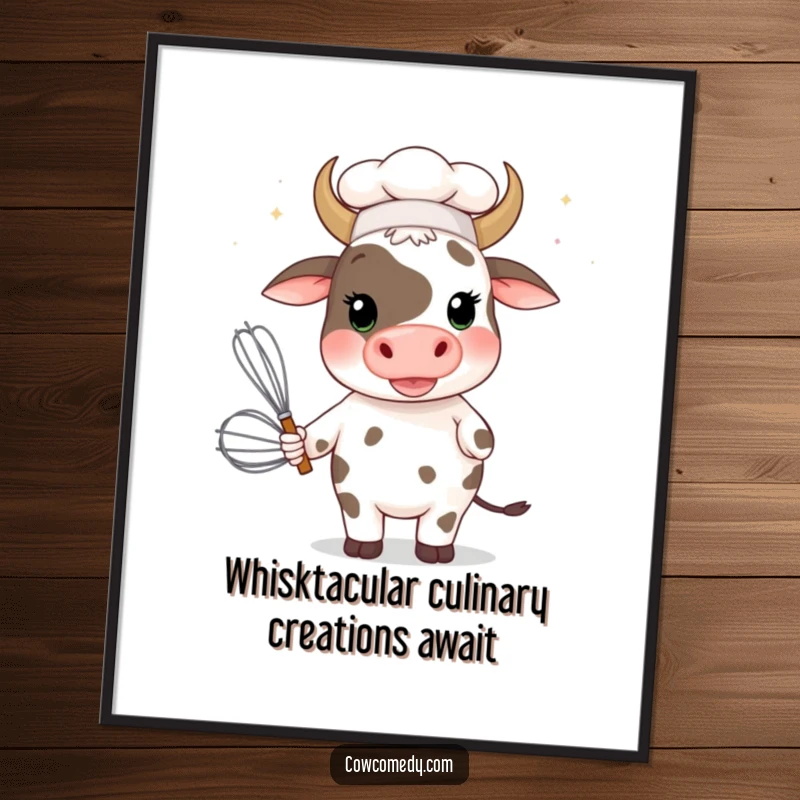 Funny Free Printable Wall Art: Silly cow wearing a chef hat and holding a giant whisk, creating kitchen humor.