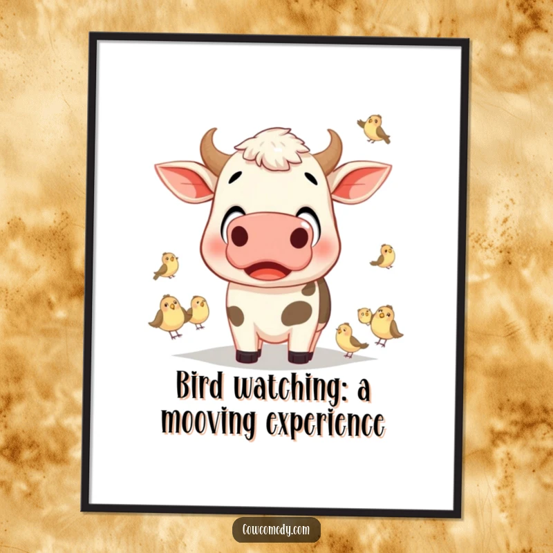 Funny Free Printable Wall Art: Surprised cow with wide eyes, observing a flock of tiny birds in bewilderment.