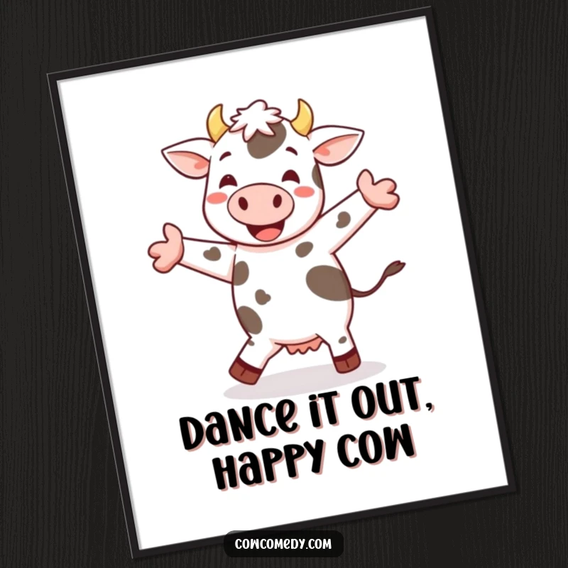 Funny Free Printable Wall Art: A cheerful spotted cow performs a happy little jig, bringing farmyard joy and movement.