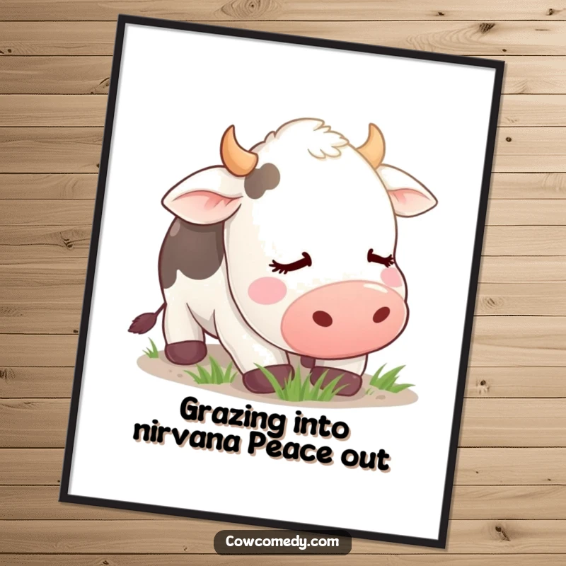 Funny Free Printable Wall Art: Contented cow with eyes closed, peacefully grazing, humorous downloadable farmhouse decor, charming country art.