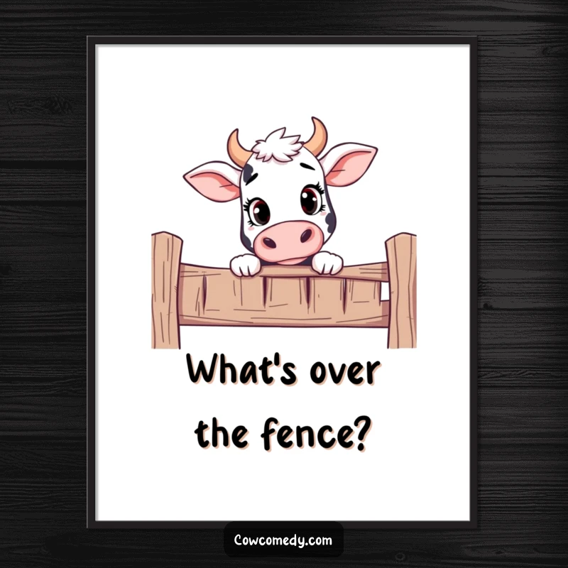 Funny free printable wall art showing a curious cow peeking over a fence with an inquisitive expression.