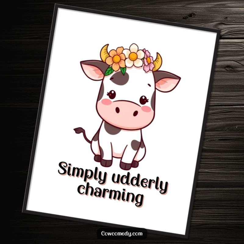 Funny Free Printable Wall Art: Whimsical kawaii cow balancing a flower crown, perfect for a cute and funny room.