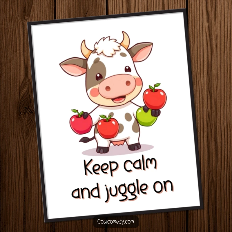 Funny Free Printable Wall Art: A kawaii cow humorously attempting to juggle three colorful apples, looking delightfully wobbly.