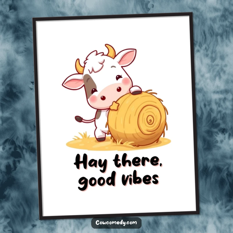 Funny Free Printable Cow Wall Art: A joyful cow playfully nudging a large ball of hay, creating a dynamic scene.