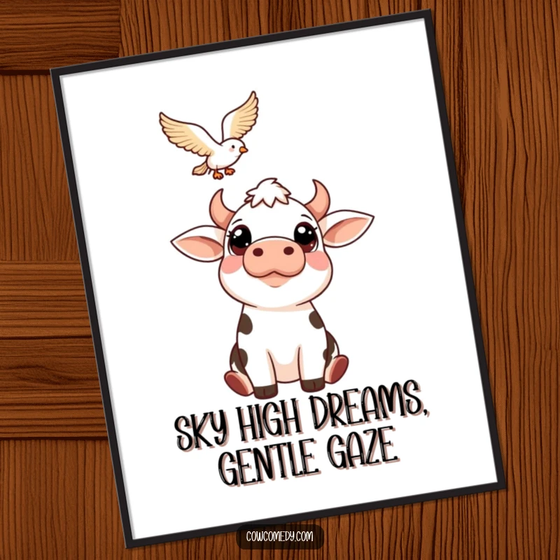 Funny Free Printable Wall Art: A cow with large, curious eyes looks up at a majestic bird soaring through the sky.