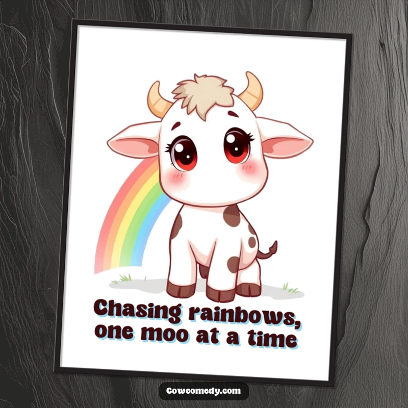 Funny Free Printable Wall Art: Small cow with large, curious eyes, looking up at a bright rainbow, perfect for whimsical decor.