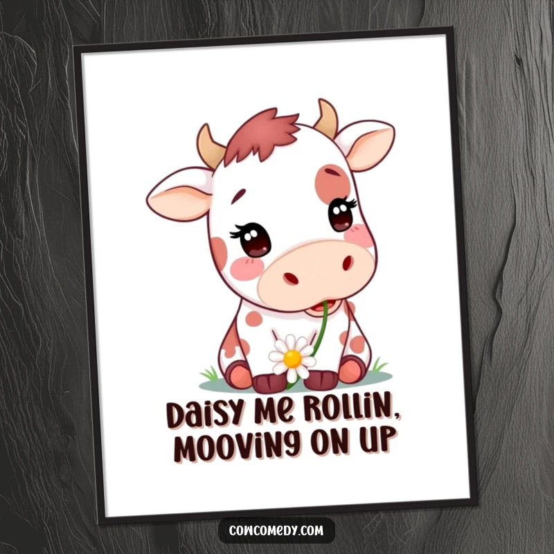 Funny Free Printable Wall Art: Adorable spotted cow with a daisy in its mouth, looking content, perfect for quirky home decor.