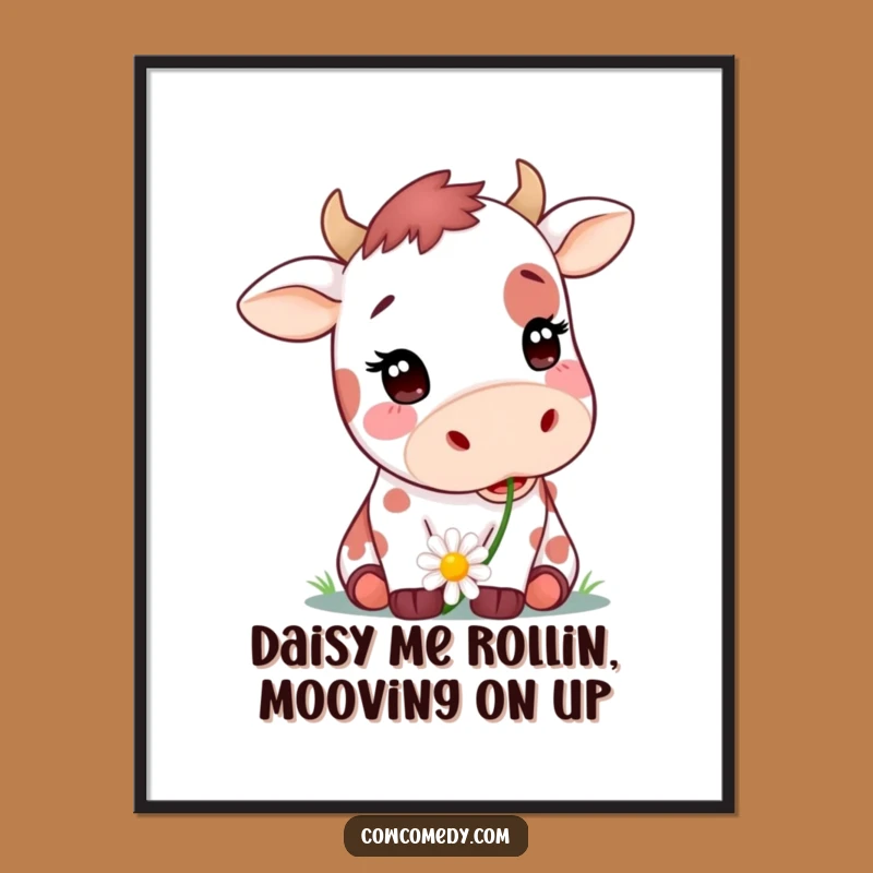 Funny Free Printable Wall Art: Cute Spotted Cow Chewing Daisy - Quirky Downloadable Art