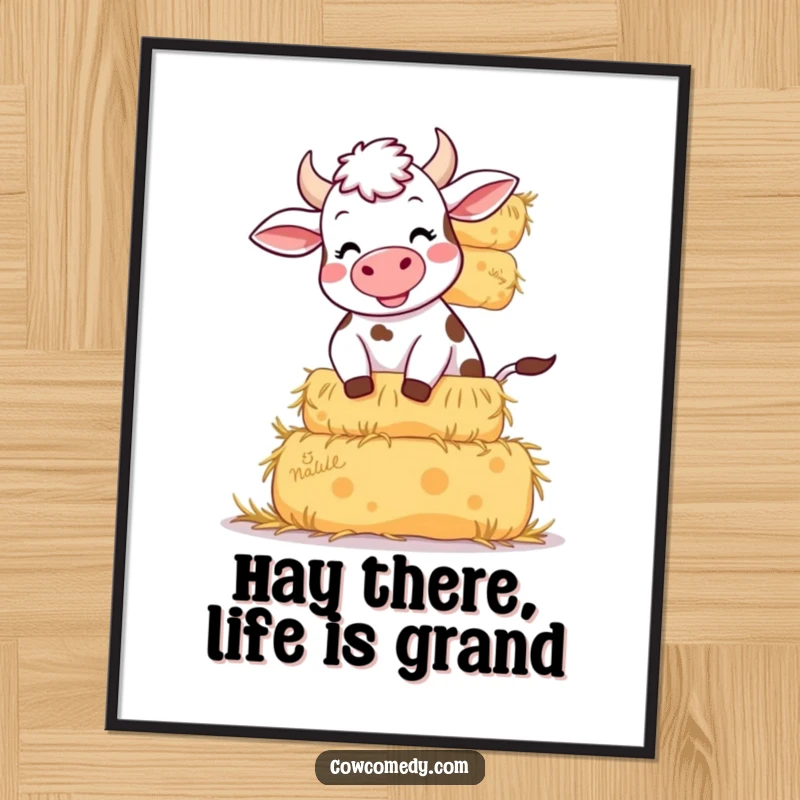 Funny Free Printable Wall Art: A giggling cow comically attempting to balance a precarious stack of hay bales.