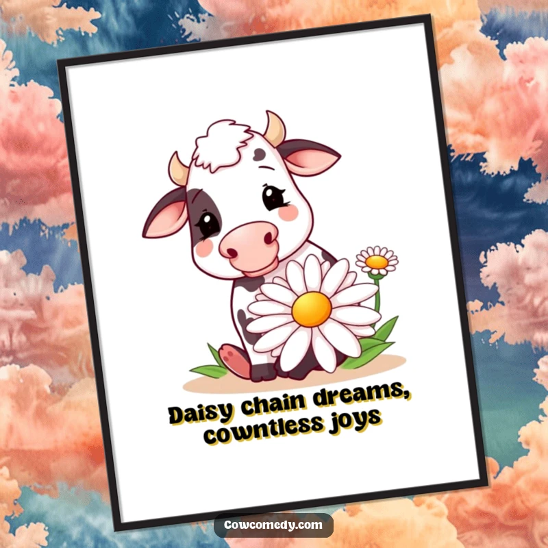 Funny Free Printable Wall Art: A cheerful cow happily munches on a gigantic, stylized daisy, bringing joy to your space.