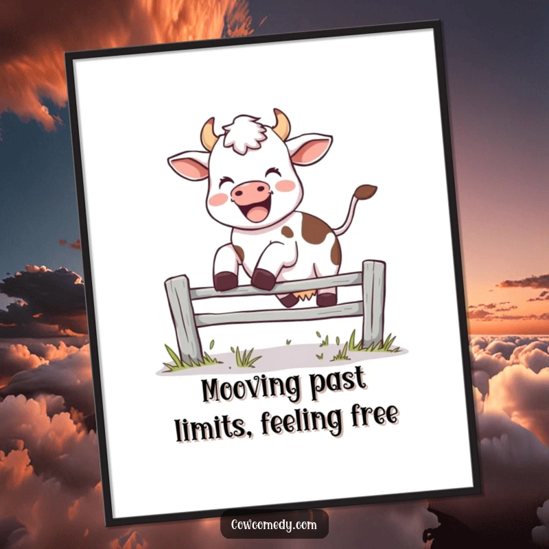 Funny Free Printable Wall Art: Joyful cow with mouth open saying moo, mid-air leaping over a small fence, perfect for active decor.