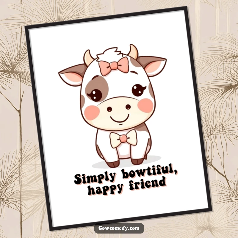 Funny Free Printable Wall Art: A kawaii cow with a huge happy grin, wearing a very silly, oversized bow.