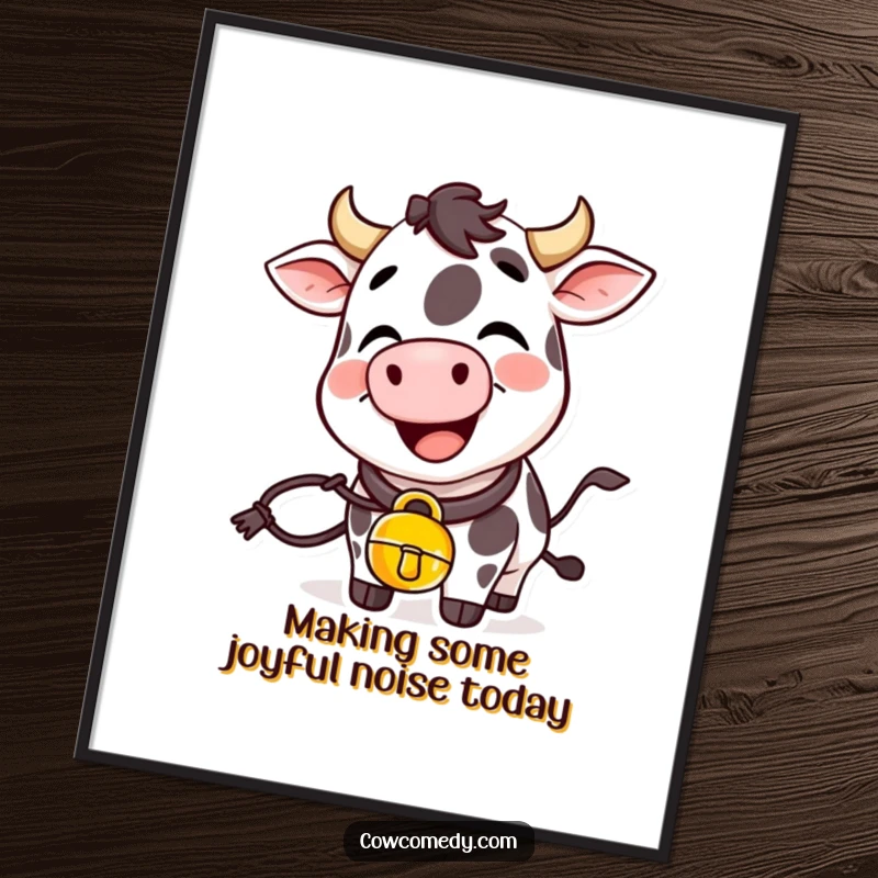 Funny Free Printable Wall Art: A giggling cow with a cowbell around its neck, ringing with infectious happiness.